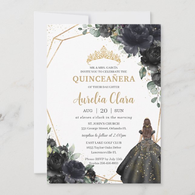 Quinceañera Black Blommigt Ro Princess Guld Krona Inbjudningar (Framsida)