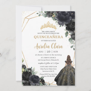 Quinceañera Black Blommigt Ro Princess Guld Krona Inbjudningar