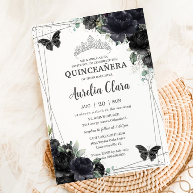 Quinceañera Black Blommigt Ro Princess Silver Inbjudningar (Skapare uppladdad)