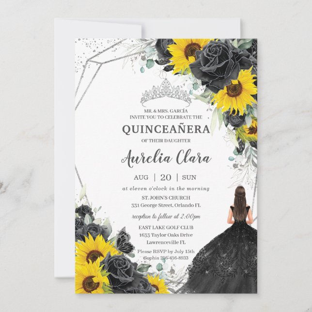 Quinceañera Black Blommigt Ro Solros Silver Inbjudningar (Framsida)