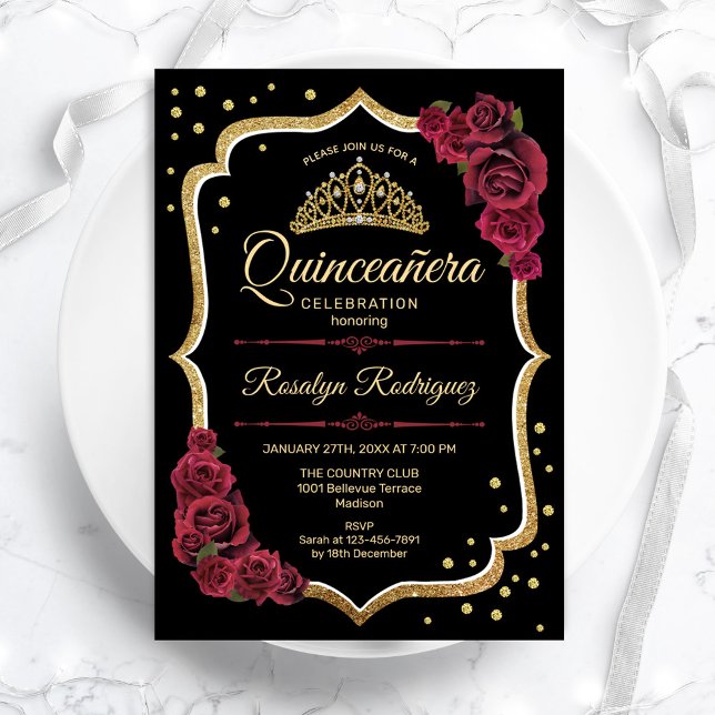 Quinceanera - Black Burgundy Guld Inbjudningar (Skapare uppladdad)