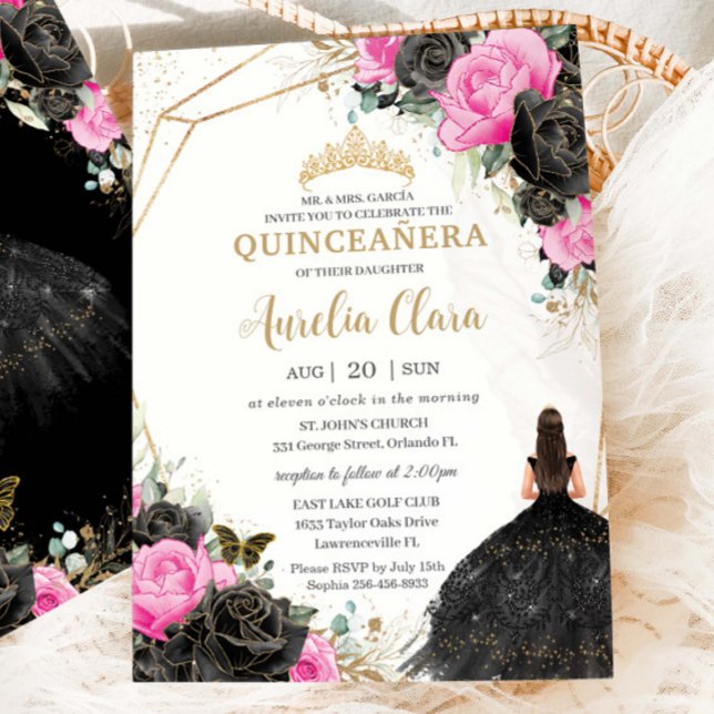 Quinceañera Black Dress Fuchsia Blommigt Princess Inbjudningar (Skapare uppladdad)