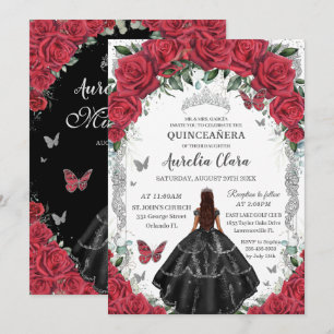 Quinceañera Black Dress Röd ros Blommigt Silver Inbjudningar