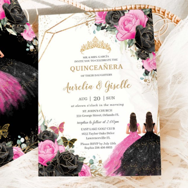Quinceañera Black Fuchsia Blommigt Princess Twilli Inbjudningar (Skapare uppladdad)