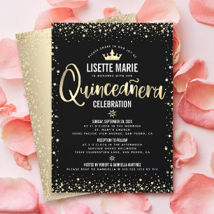Quinceañera Black Gold Foil Glitter Princess Krona Inbjudningar