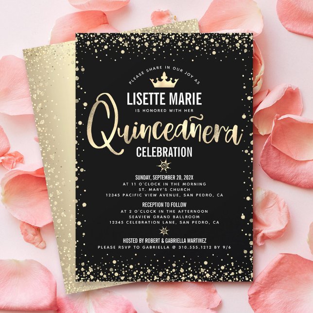 Quinceañera Black Gold Foil Glitter Princess Krona Inbjudningar (Skapare uppladdad)
