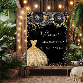 Quinceanera Black guld dress blommigt Welcome Poster