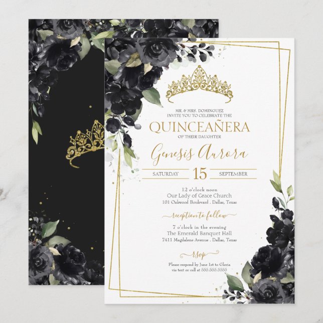 Quinceañera Black & Guld Elegant Watercolor Blommi Inbjudningar (Fram/baksida)