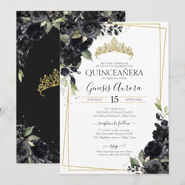 Quinceañera Black & Guld Elegant Watercolor Blommi Inbjudningar (Fram/baksida)