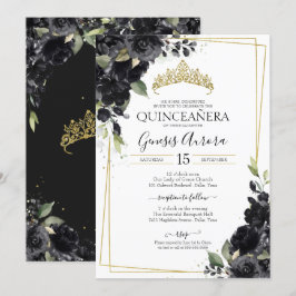 Quinceañera Black & Guld Elegant Watercolor Blommi Inbjudningar