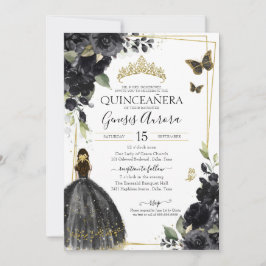 Quinceañera Black Guld Flowers Quince Dress Inbjudningar