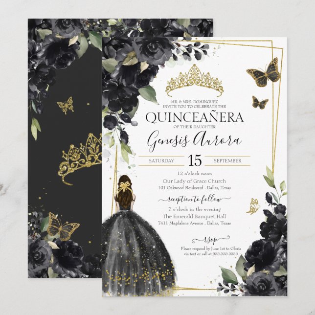 Quinceañera Black Guld Flowers Quince Dress Inbjudningar (Fram/baksida)