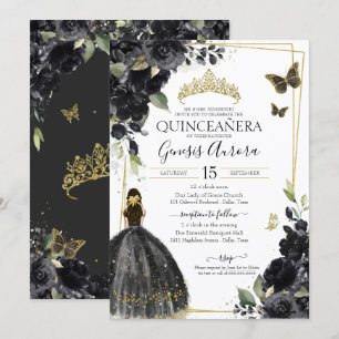 Quinceañera Black Guld Flowers Quince Dress Inbjudningar