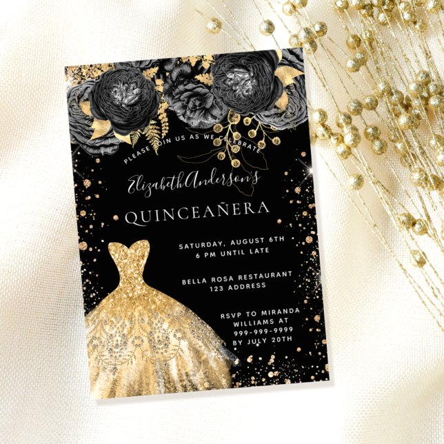 Quinceanera Black guld glitter dress blommigts Inbjudningar (Skapare uppladdad)