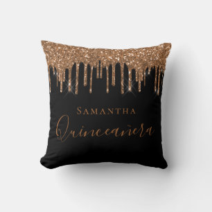 Quinceanera Black guld glitter droppar monogram na Kudde