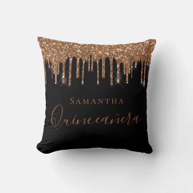 Quinceanera Black guld glitter droppar monogram na Kudde (Framsida)