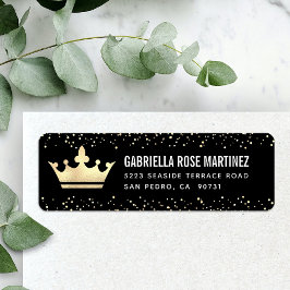 Quinceañera Black Guld Glitter Foil Krona Adress Returadress Etikett
