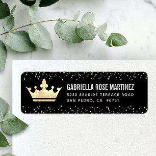 Quinceañera Black Guld Glitter Foil Krona Adress Returadress Etikett