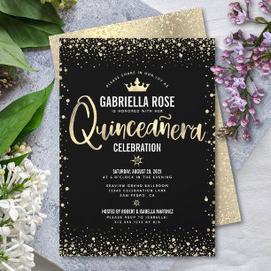 Quinceañera Black Guld Glitter Foil Princess Krona Inbjudningar