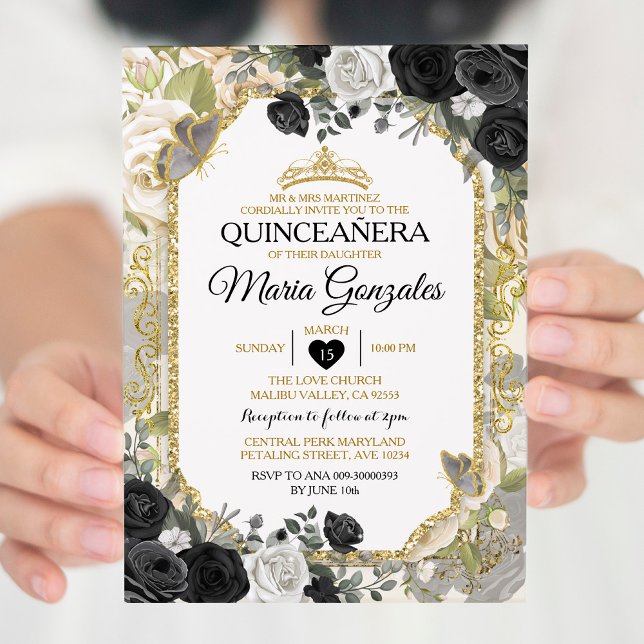 Quinceañera Black & Guld Krona Mexikanska fjäril Inbjudningar (Skapare uppladdad)