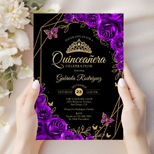 Quinceanera Black Guld Lila Blommigt Inbjudningar