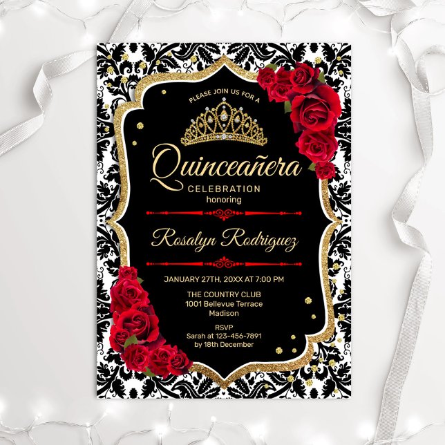 Quinceanera - Black Guld Red Inbjudningar (Skapare uppladdad)