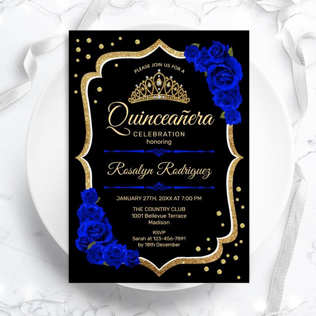 Quinceanera - Black Guld Royal Blue Inbjudningar (Skapare uppladdad)