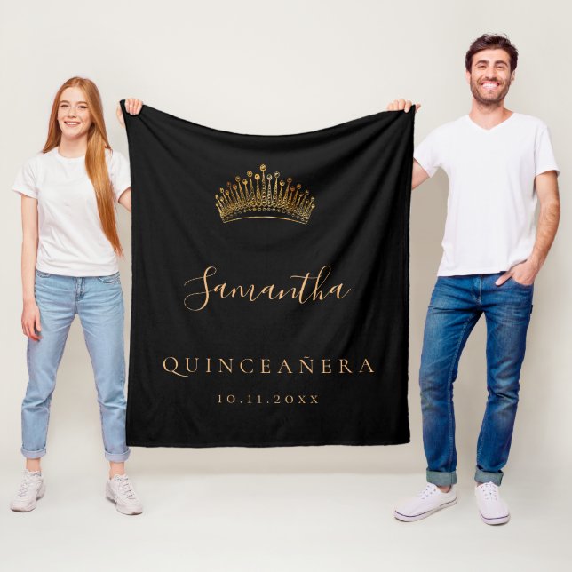 Quinceanera Black guld tiara krona namn Fleecefilt (På plats)