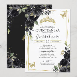Quinceañera Black Guld Watercolor Blommigt Butterf Inbjudningar