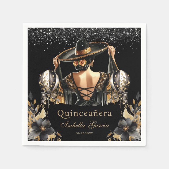 Quinceañera Black Guld Watercolor, mexikansk flick Pappersservett (Framsidan)