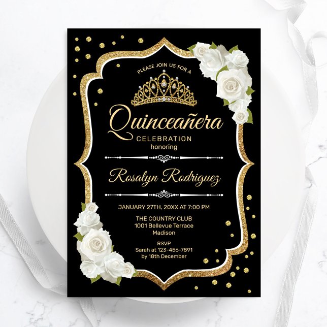 Quinceanera - Black Guld White Inbjudningar (Skapare uppladdad)