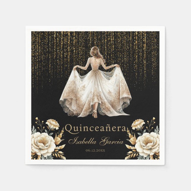 Quinceañera Black Ivory Guld Pappersservett (Framsidan)