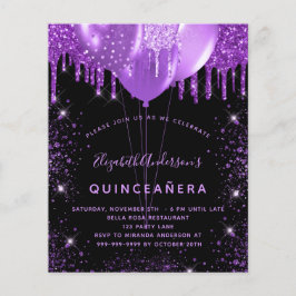 Quinceanera Black lila glitter budgetinbjudan Flygblad