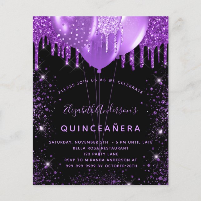Quinceanera Black lila glitter budgetinbjudan Flygblad (Framsidan)