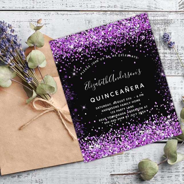 Quinceanera Black lila glitter budgetinbjudan Flygblad (Skapare uppladdad)