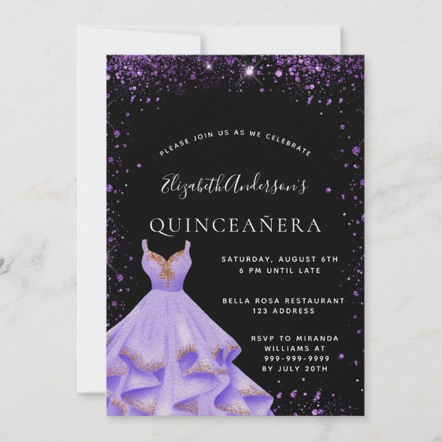 Quinceanera Black lila glitter dress Inbjudningar (Framsida)