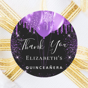 Quinceanera Black lila glitter namn tack Runt Klistermärke