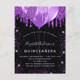 Quinceanera Black lila glitter stoftballonger Inbjudan Vykort