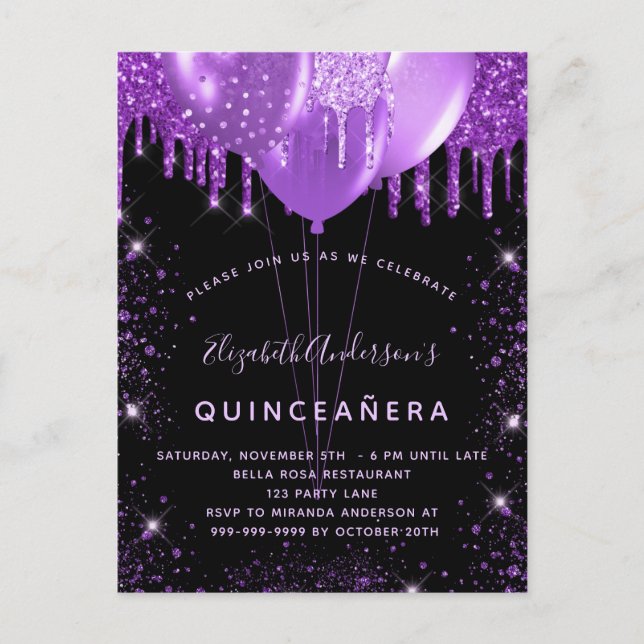 Quinceanera Black lila glitter stoftballonger Inbjudan Vykort (Framsida)