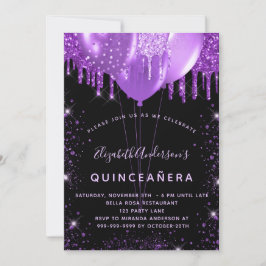 Quinceanera Black lila glitter stoftballonger Inbjudningar