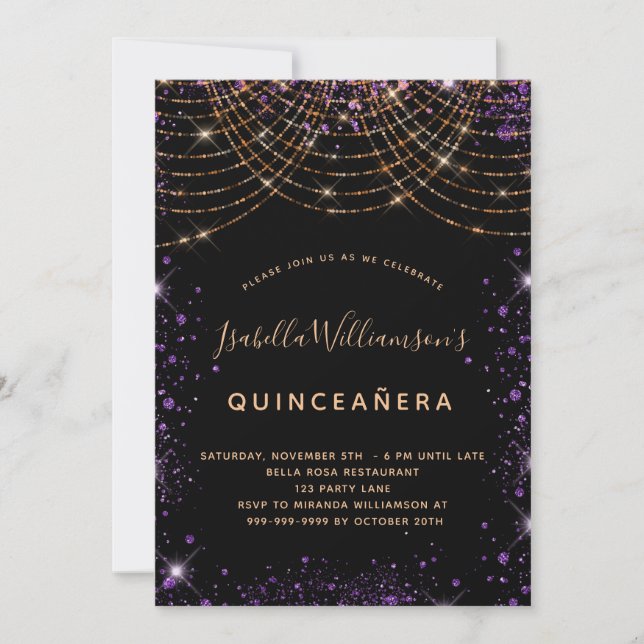 Quinceanera Black lila guld glitter Stoft elegant Inbjudningar (Framsida)