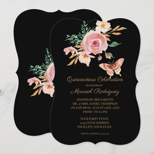 Quinceañera Black n  Butterfly w Flowers Guld Inbjudningar (Fram/baksida)