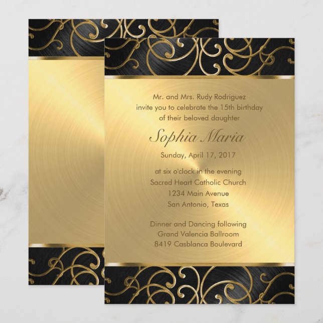 Quinceanera Black och Guld Filigree Swirls Inbjudningar (Fram/baksida)
