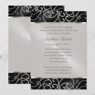 Quinceanera Black och Silver Filigree Swirls Inbjudningar