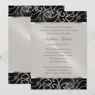 Quinceanera Black och Silver Filigree Swirls Inbjudningar