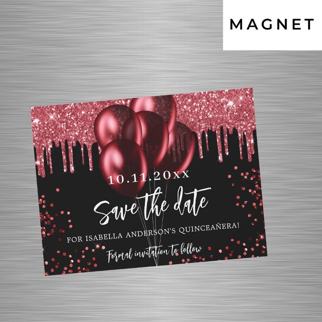 Quinceanera Black Red ballongmagnet sparar datumet Magnetisk Inbjudningskort (Skapare uppladdad)