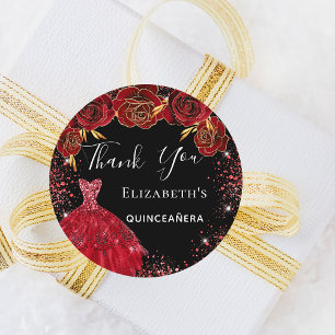 Quinceanera Black Red blommigts Tack Runt Klistermärke