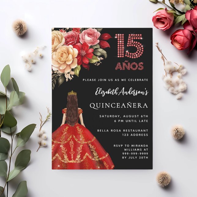 Quinceanera black red dress blommigt ro inbjudningar (Skapare uppladdad)
