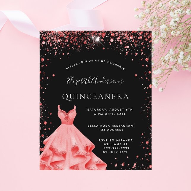 Quinceanera Black Red glitter dress-inbjudan (Skapare uppladdad)