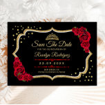 Quinceanera Black Red Gold Floral Spara Datumet<br><div class="desc">Black red and gold Quinceanera celebration Save The Date card. Features,  script font,  red roses,  tiara and confetti. Perfect for an elegant princess style glam celebration. Personalize with your own details. Printed Zazzle cards or instant download digital printable template.</div>